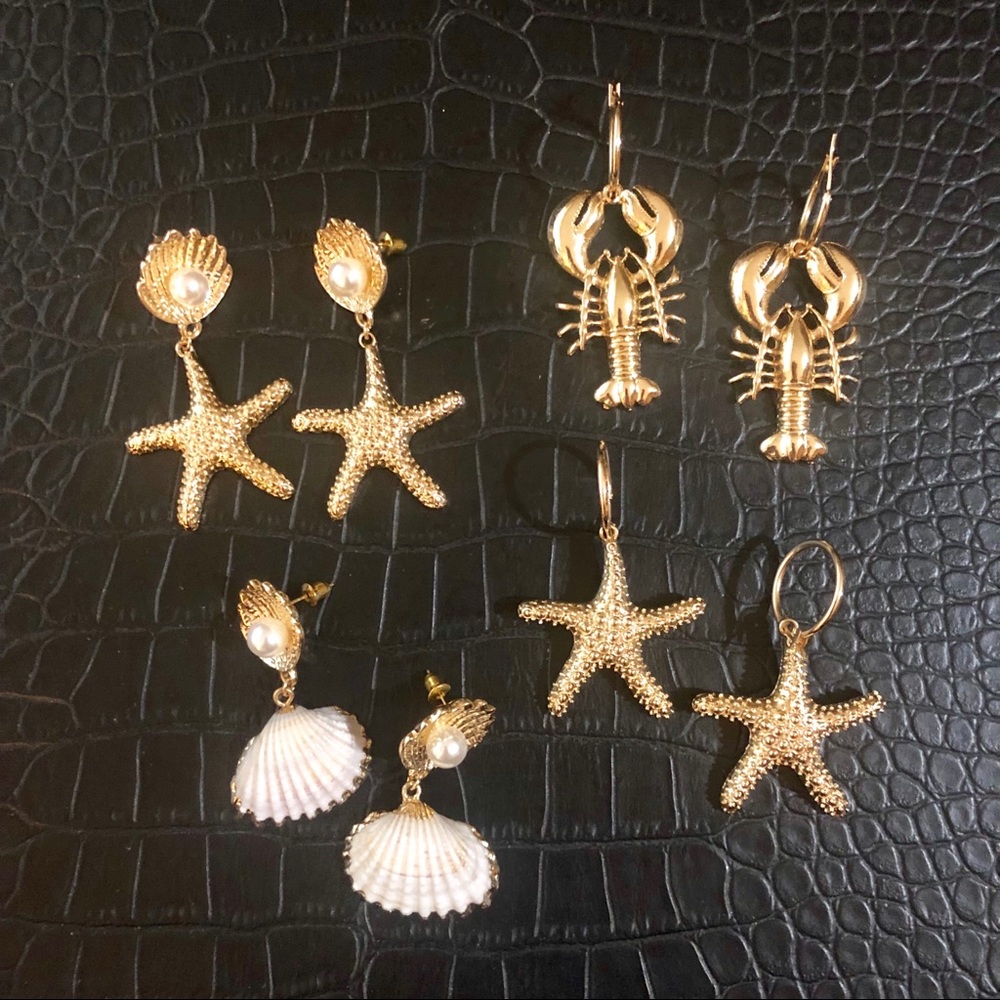 Gold Starfish, Seashell, Lobster Earring Set of 4